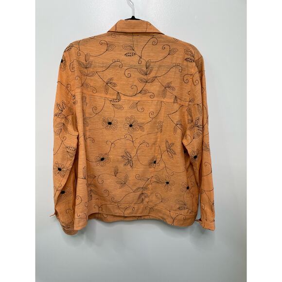 Silkland Woman Long Sleeve Silk Embroidered Floral Button Down Shirt Orange 1X - Picture 6 of 9